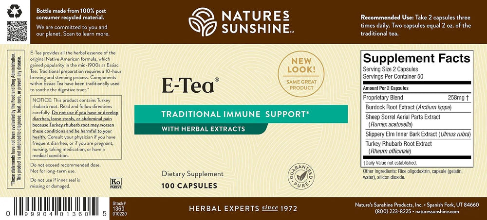 Nature's Sunshine E-Tea Capsules ingredients list highlights herbal blend