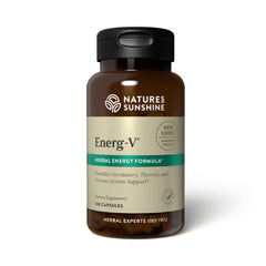 Nature's Sunshine Energ-V bottle pour shows easy-to-dose capsules for daily energy support.