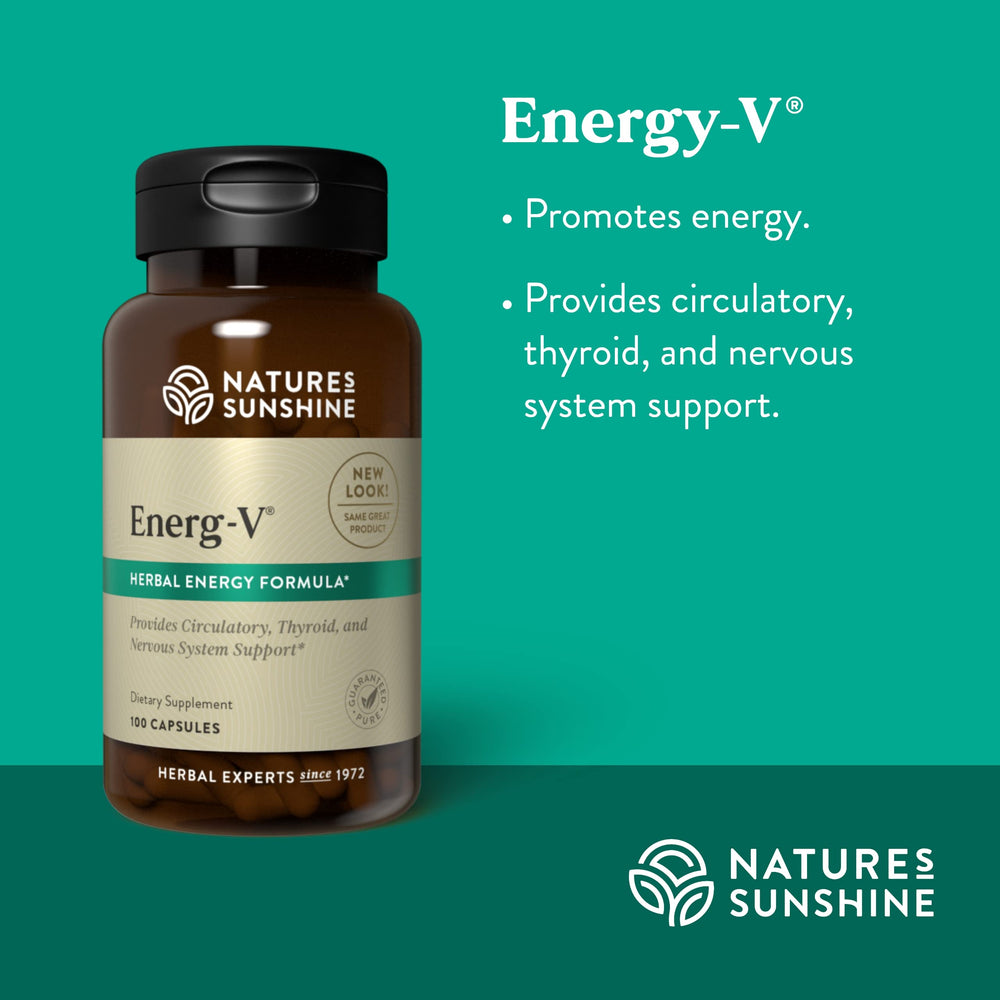 Nature's Sunshine Energ-V label design showcases ingredients and usage cues.