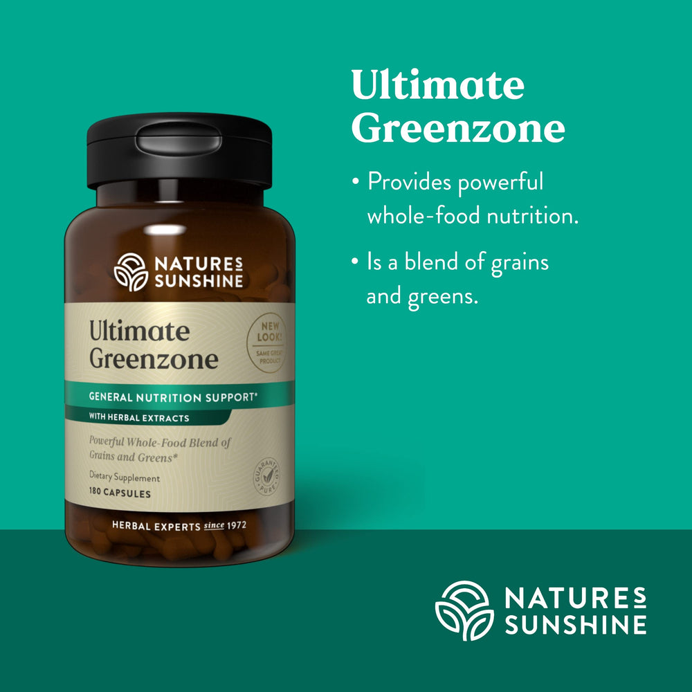 Nature's Sunshine Ultimate Greenzone chia seeds highlight omega fatty acids.