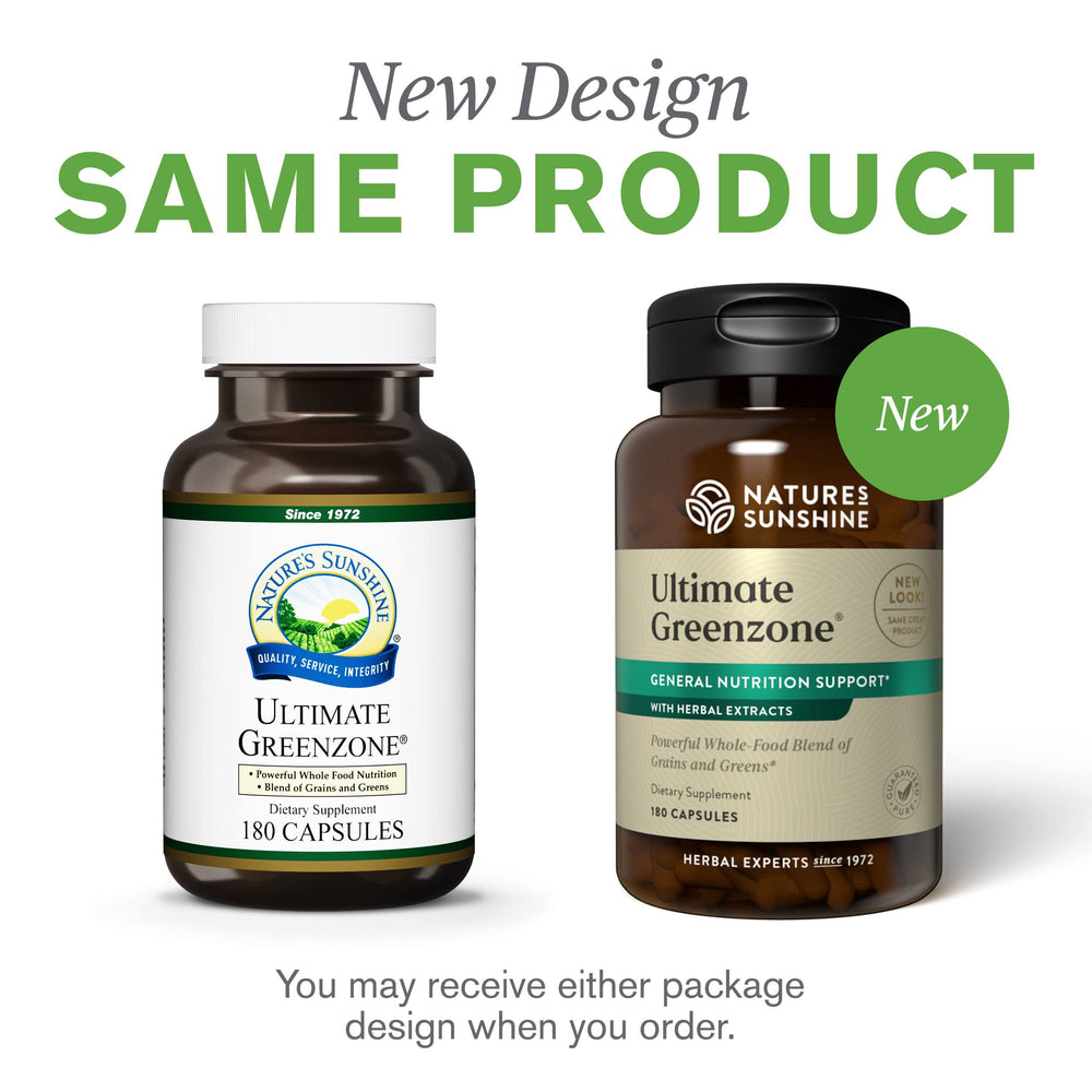 Nature's Sunshine Ultimate Greenzone visual emphasizes balanced pH focus for daily balance.