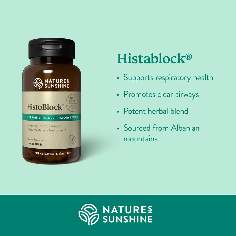 Nature's Sunshine HistaBlock capsules shown for easy daily support.
