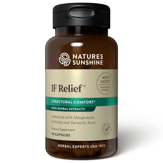 Nature's Sunshine IF Relief bottle pour emphasizes easy, on-the-go post-exercise support