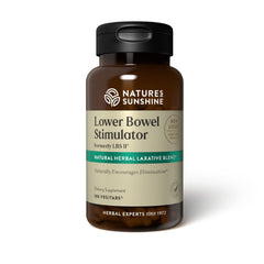 Nature's Sunshine Lower Bowel Stimulator bottle with capsules for gentle relief.