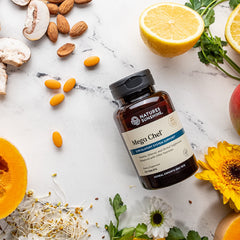 Nature's Sunshine Mega-Chel supplement scene with soft lighting suggesting routine use