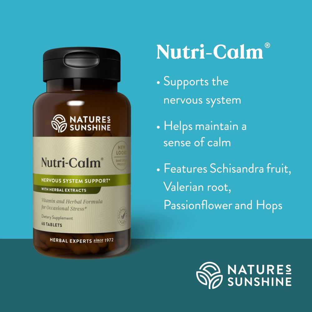 Nature's Sunshine Nutri-Calm bottle in hand for on-the-go use.