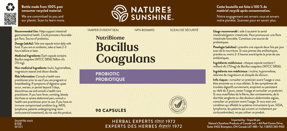 Nature's Sunshine NutriBiome bottle on a kitchen shelf for daily use.
