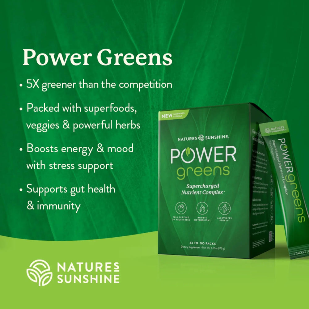 Nature's Sunshine Power Greens stick-pack label close-up highlighting vegan, gluten-free formula.