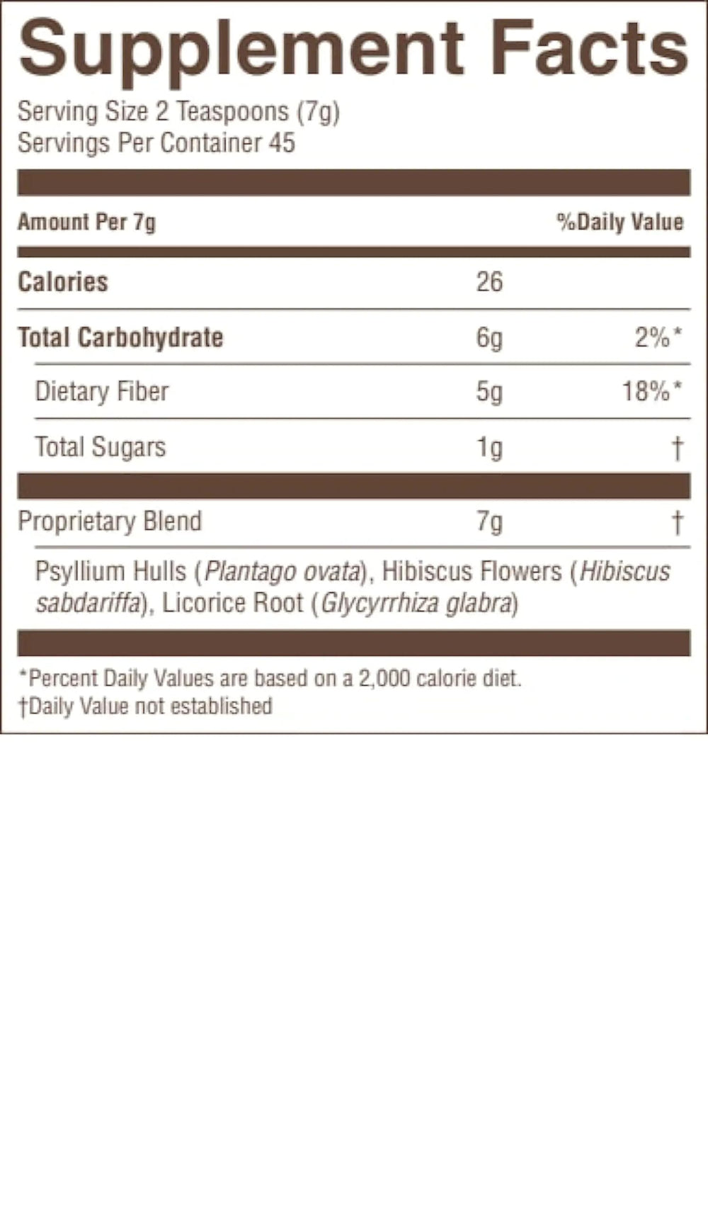 Nature's Sunshine Psyllium Hulls Combination ingredients label shows hibiscus and licorice root blend