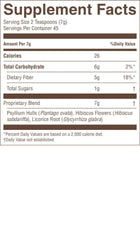 Nature's Sunshine Psyllium Hulls Combination ingredients label shows hibiscus and licorice root blend