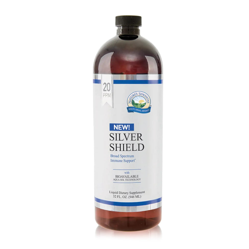Nature's Sunshine Silver Shield Liquid bottle pour for easy three-times-daily dosing