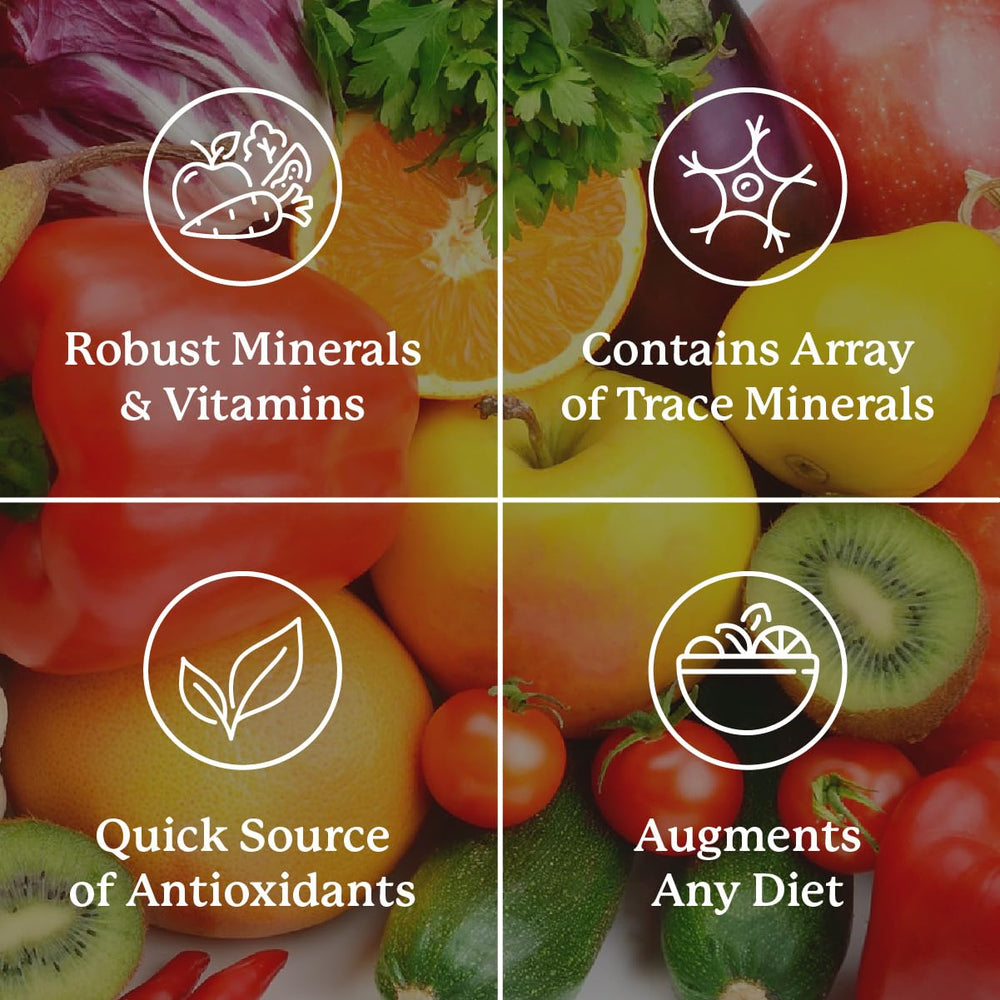 Spread of ingredients linked to Nature's Sunshine Super Supplemental, including vegetables and berries.