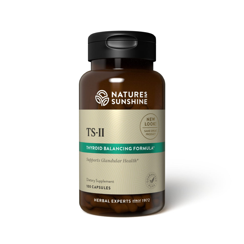 Nature's Sunshine TS II with Hops bottle close-up highlighting thyroid support potential.