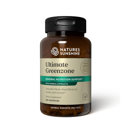 Nature's Sunshine Ultimate Greenzone bottle supports daily wellness with essential nutrients.