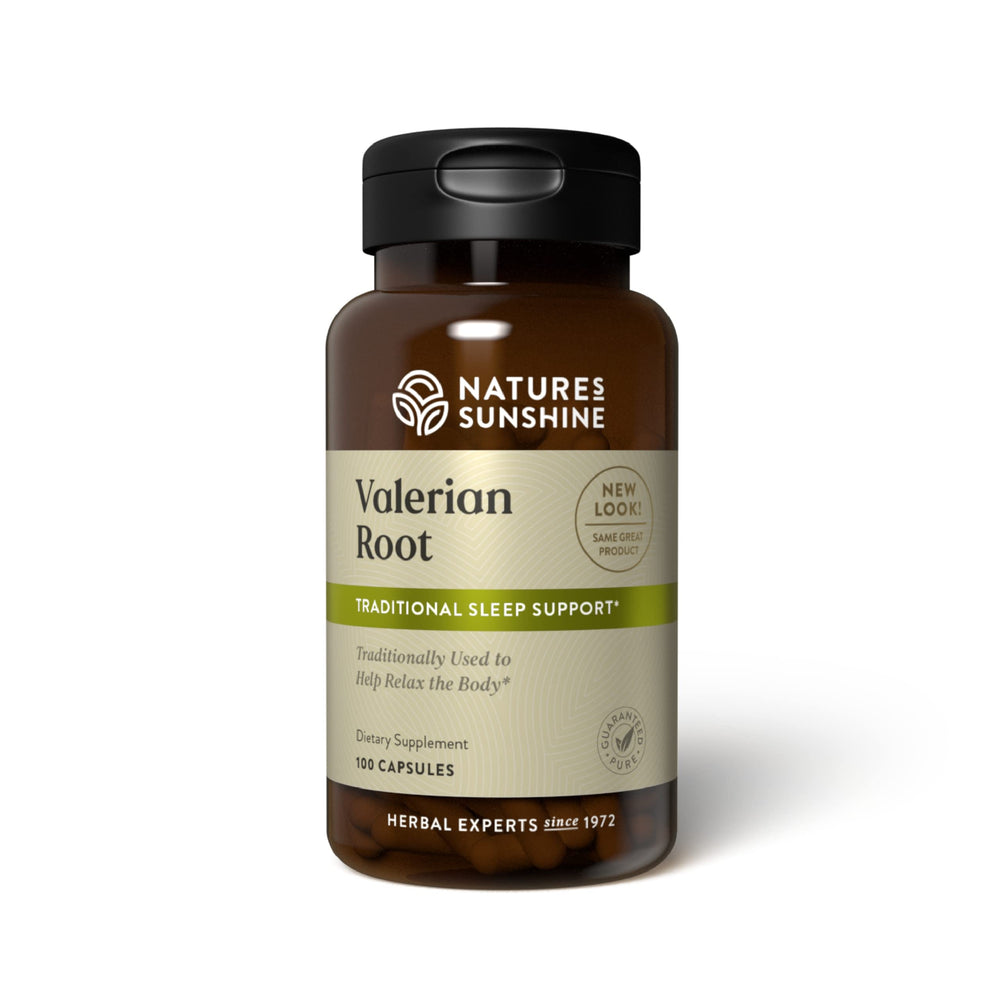 Nature's Sunshine Valerian Root bottle front highlights calm support for evenings.
