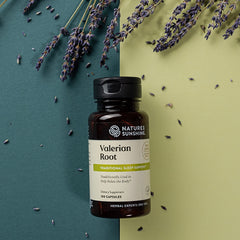 Nature's Sunshine Valerian Root capsules close-up emphasizing natural sleep support.