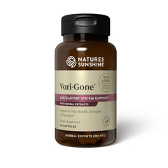 Nature's Sunshine Vari-Gone bottle label with seven-herb blend for vein support and circulation potential