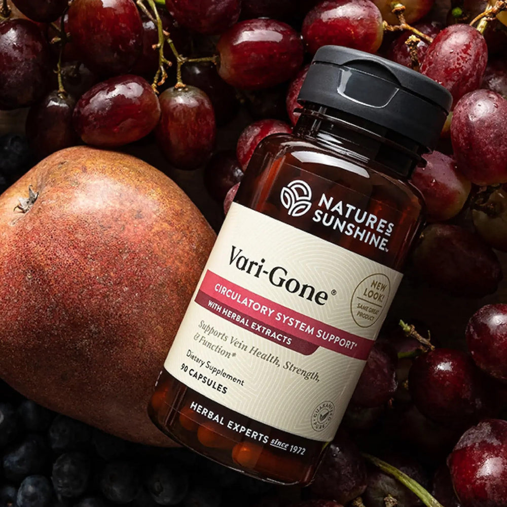 Closeup of Nature's Sunshine Vari-Gone pills highlighting daily vein support and leg comfort possibilities