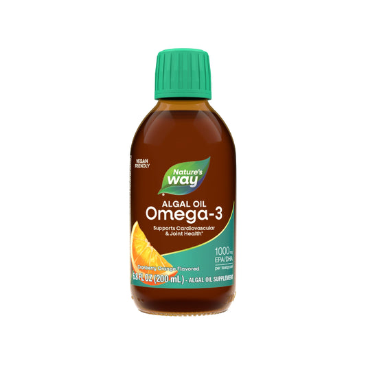 Nature's Way Algal Oil Omega-3 bottle with cranberry-orange flavor supports eye function.