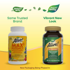 Nature's Way Alive Max3 bottle label close-up highlighting methyl B12 and folate.