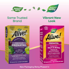 Nature's Way Alive prenatal bottle back label highlights 15 vitamins per serving.