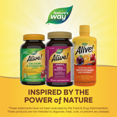 Nature's Way Alive Women's Daily Ultra Multivitamin tablets arranged with greens powder background.