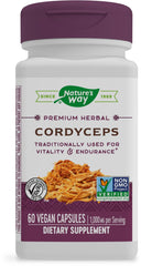 Nature's Way Cordyceps Premium bottle front, vegan and gluten-free vitality support.