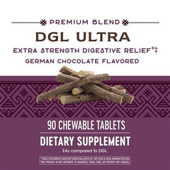 Nature's Way DGL Ultra chocolate chewable bottle packaging suggests on-the-go digestive support.