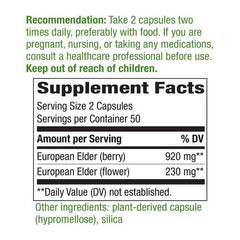 Nature's Way Elderberry capsules close-up emphasizes smooth texture and easy swallow.