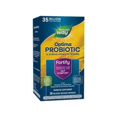 Nature's Way Fortify Optima bottle front label showing 35B cultures per capsule for digestive balance