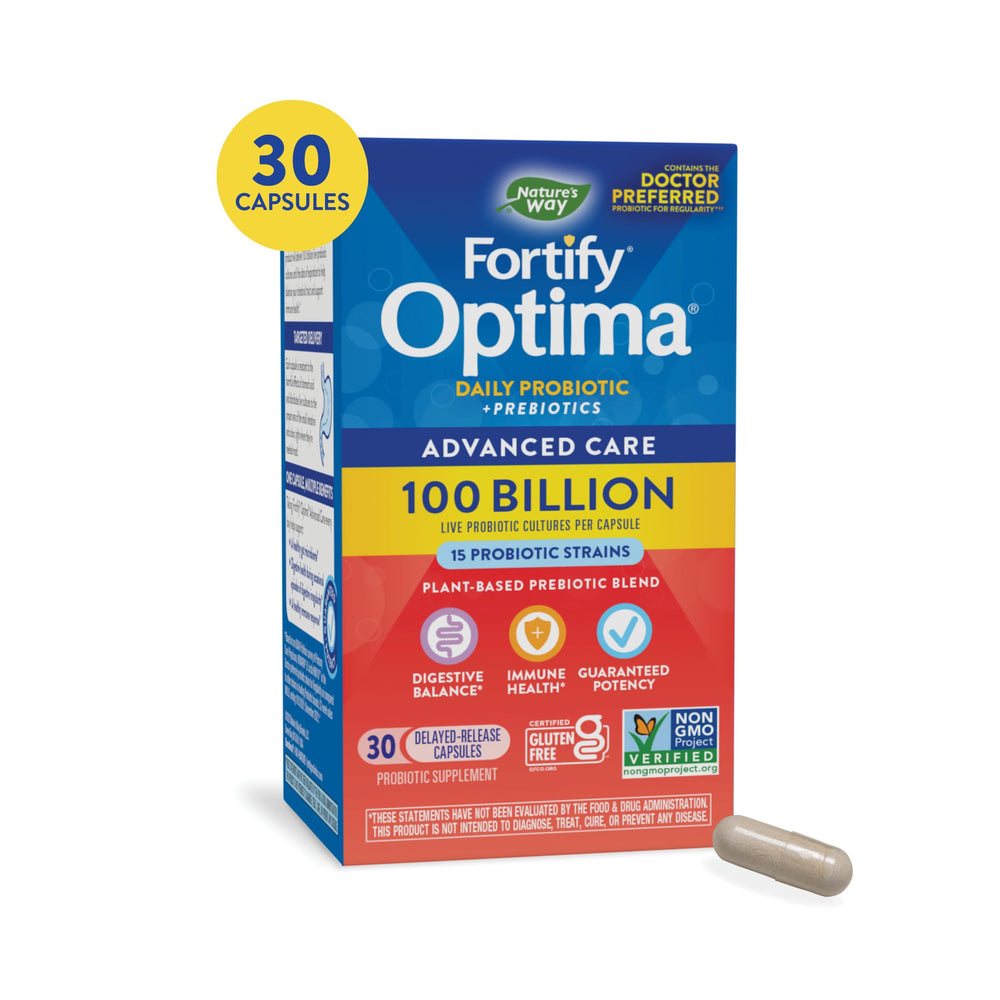 Nature's Way Fortify Optima bottle front view highlighting 100B cultures for digestive support