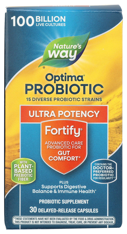 Nature's Way Fortify Optima bottle front shows probiotic power for daily wellness.