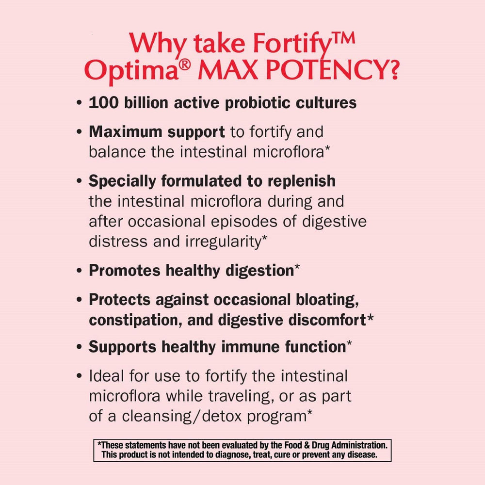 Nature's Way Fortify Optima ingredients panel emphasizes 15 strains and prebiotics for gut balance.