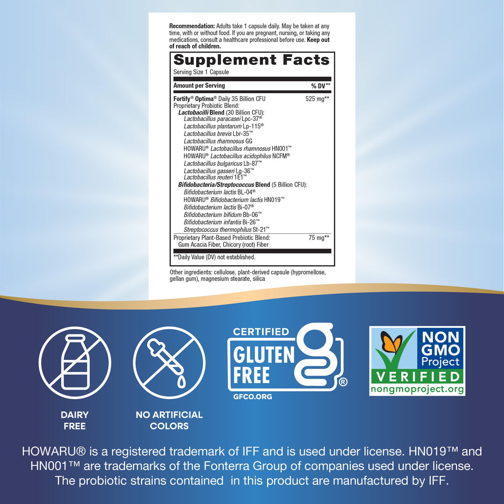 Nature's Way Fortify Optima probiotic bottle back panel highlights ingredients and directions.