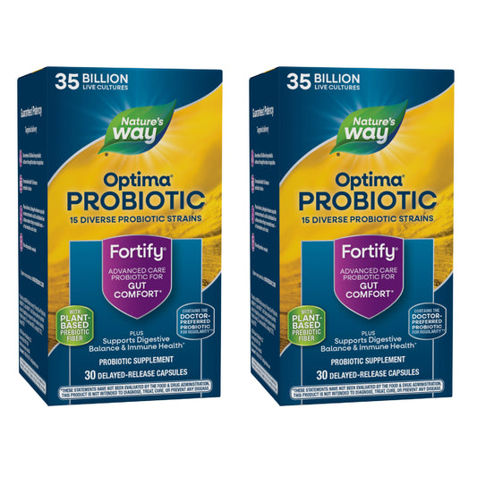 Nature's Way Fortify Optima probiotic bottle front shows 35B CFUs and 14 strains for daily balance.