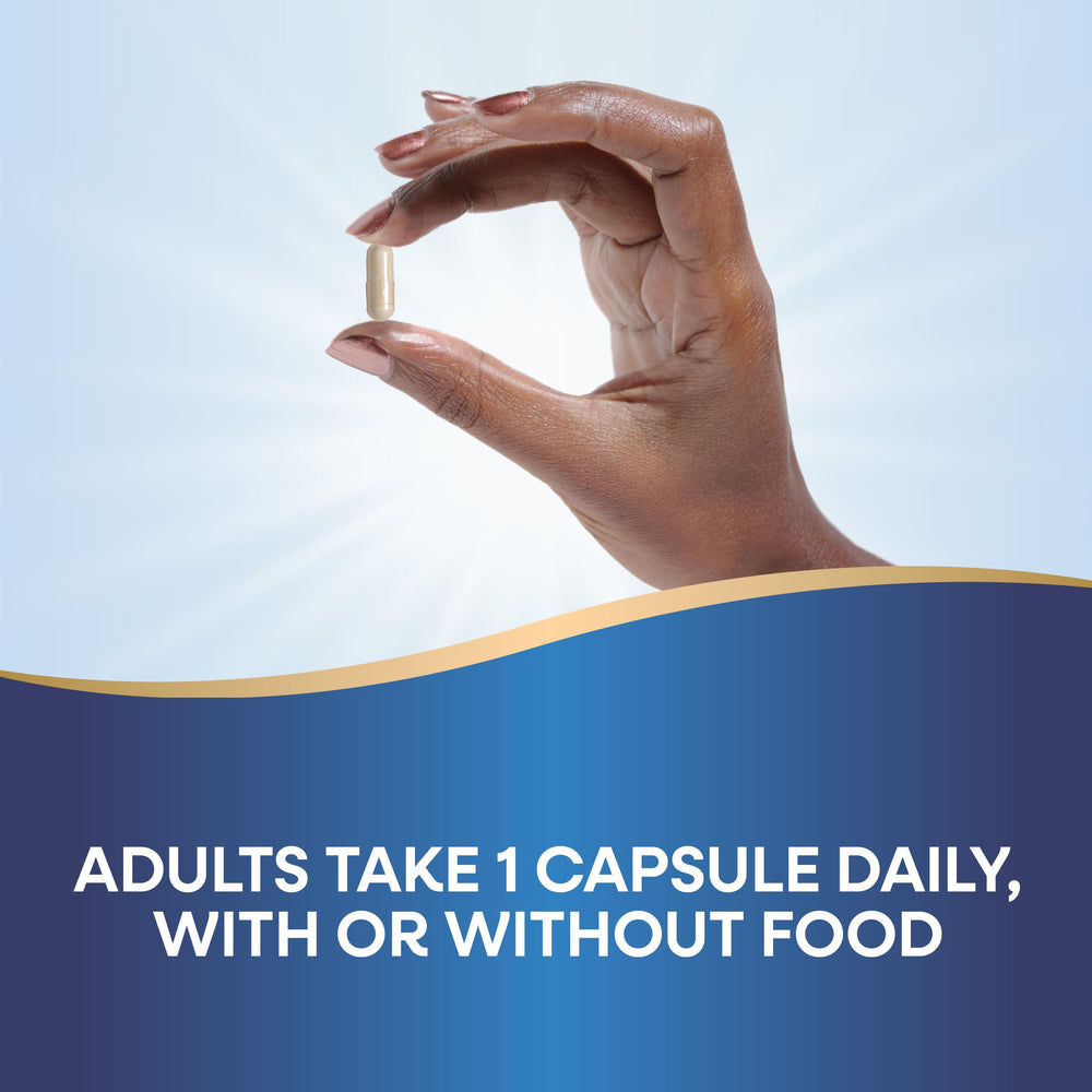Lifestyle shot suggesting daily routine with a glass of water and capsule.