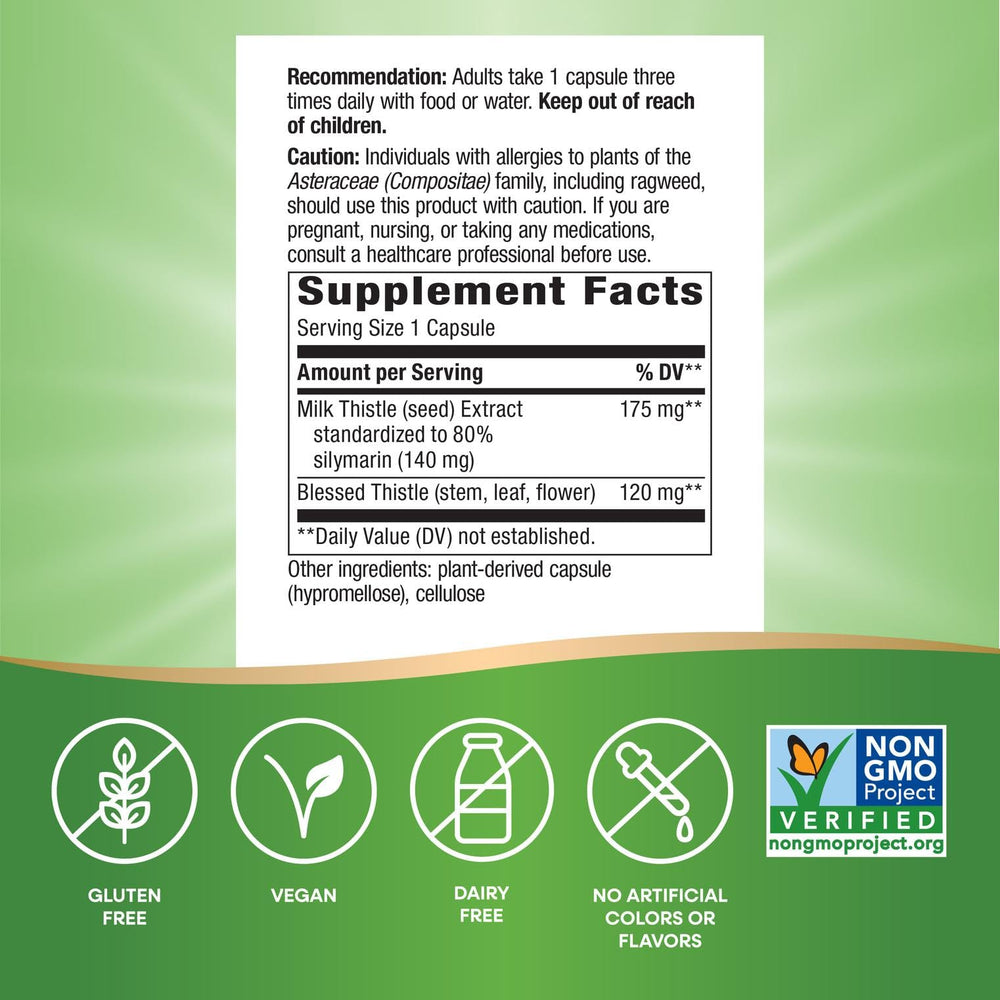 Nature's Way Milk Thistle bottle back label highlights 80% silymarin potency