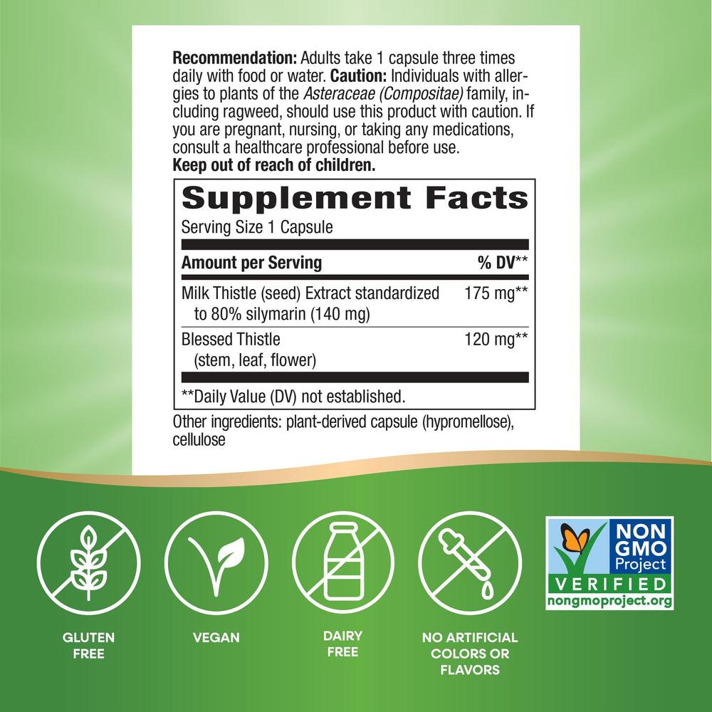 Closeup of Nature's Way Milk Thistle capsules ready for daily support.