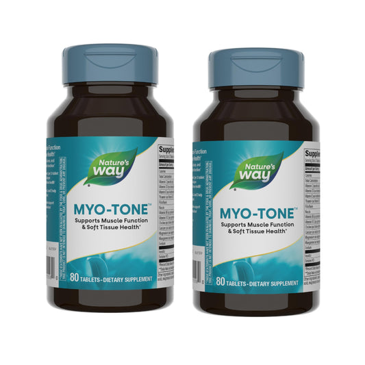 Nature's Way Myo-Tone bottle front shows gluten-free and vegetarian formula for active lifestyles.