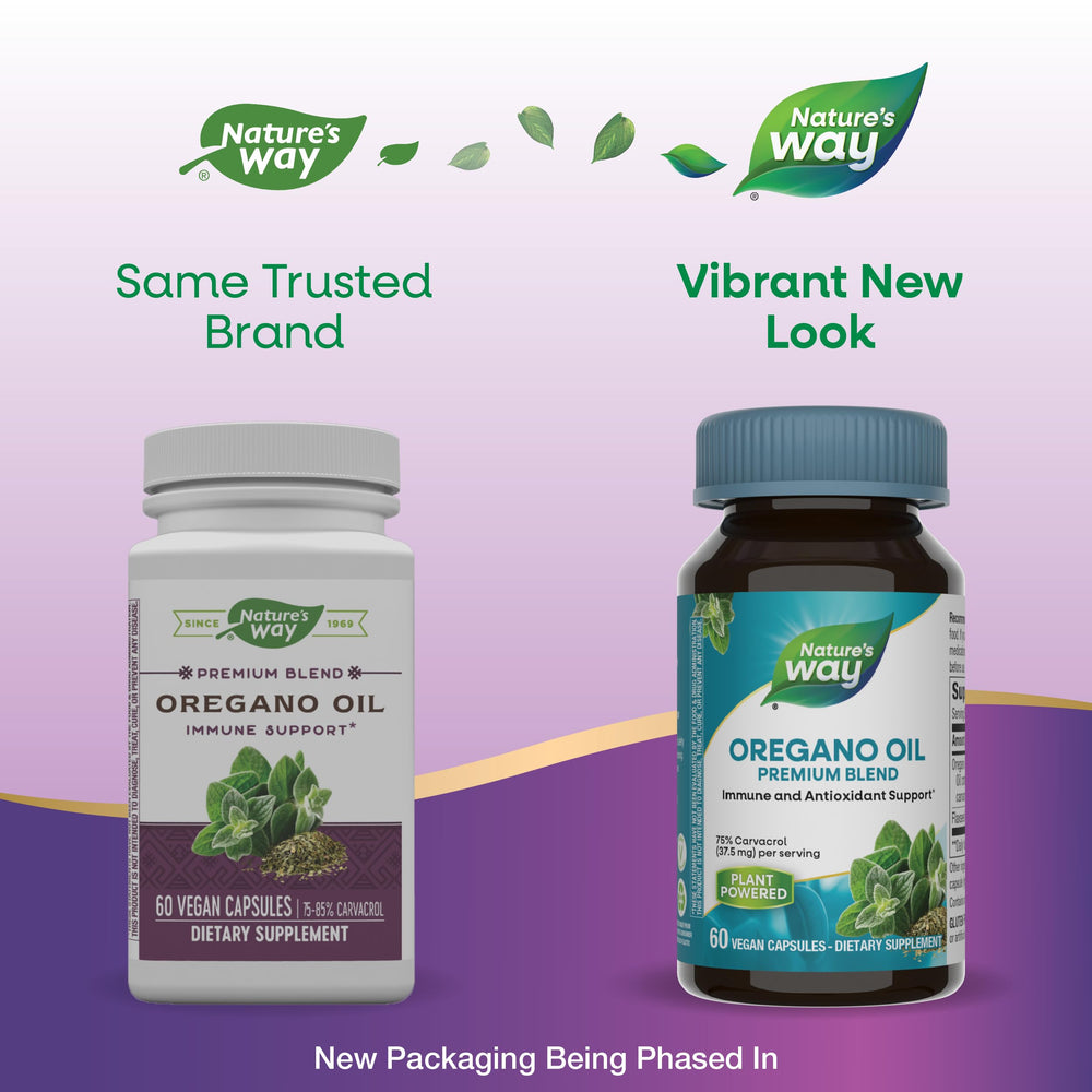 Nature's Way oregano oil label front showcases gluten-free, sugar-free formulation