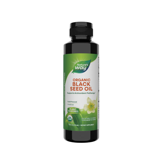 Nature's Way Organic Black Seed Oil bottle on shelf, supports antioxidant pathways.