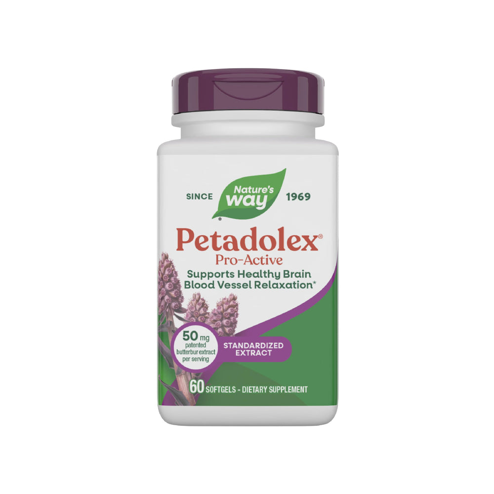 Nature's Way Petadolex Pro-Active bottle front highlights butterbur for brain vessel support