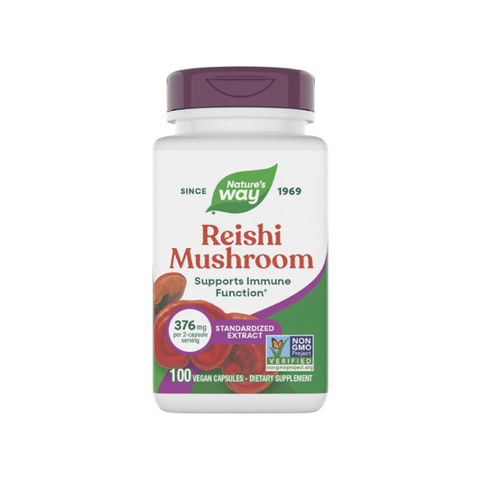 Nature's Way Reishi capsules bottle designed for daily immune support in a vegan, gluten-free formula.