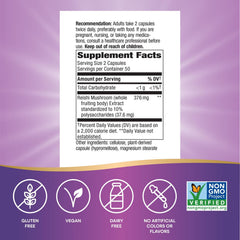 Nature's Way Reishi label artwork highlighting Non-GMO Project Verified status and adaptogenic care.