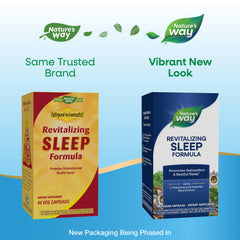 Closeup of Nature's Way Revitalizing Sleep Formula capsules for sleep support.