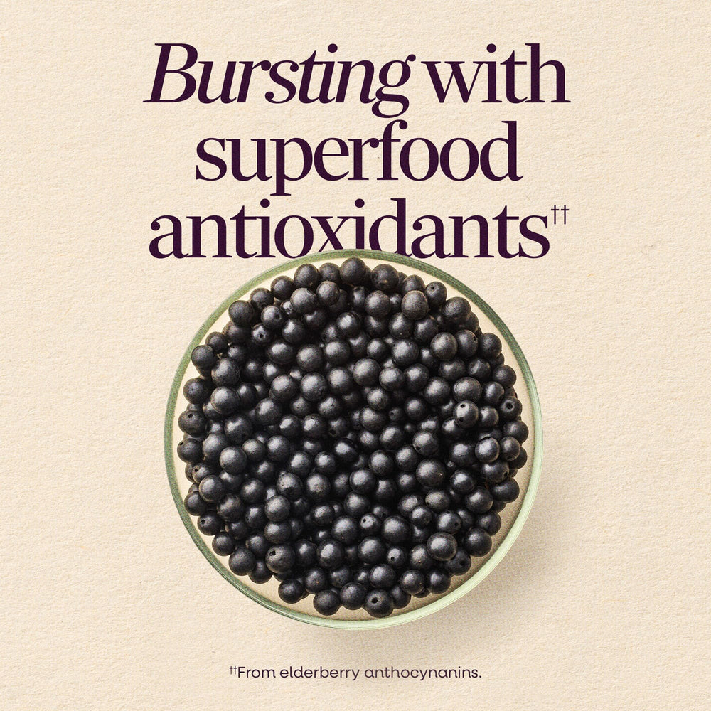 Nature's Way Sambucus gummies label closeup, gluten-free and vegetarian with berry flavor.