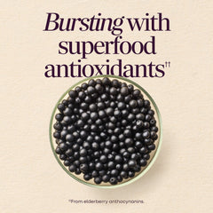 Nature's Way Sambucus gummies label closeup, gluten-free and vegetarian with berry flavor.
