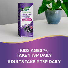 Nature's Way Sambucus Immune Elderberry Syrup with elderberry extract highlighted as antioxidant-rich.
