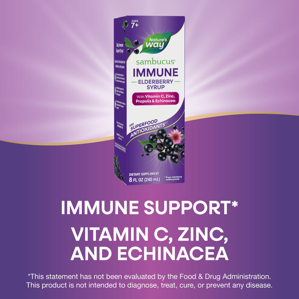 Nature's Way Sambucus Immune Elderberry Syrup packaging shows gluten-free and vegetarian options.