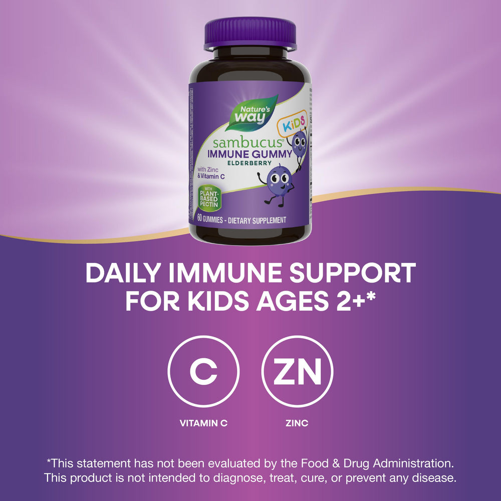 Label panel highlights elderberry extract for antioxidant support in Nature's Way Sambucus Kids Gummies.